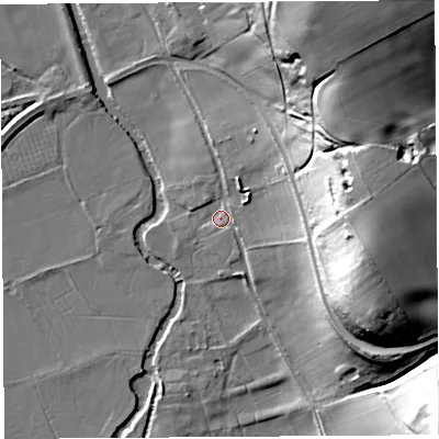 Shaded relief map of the ground around HR60NA, computed from Environment Agency LiDAR. The ground here sits at about 71 m above sea level and falls 45 m across the surrounding 800 m. Surface water reaching this point runs off ground lying to the north-north-east, 5.5 m higher.