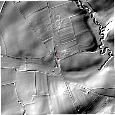 Shaded relief map of the ground around HR60NF, computed from Environment Agency LiDAR. The ground here sits at about 114 m above sea level and falls 27 m across the surrounding 800 m. Surface water reaching this point runs off ground lying to the west-north-west, 4.1 m higher.
