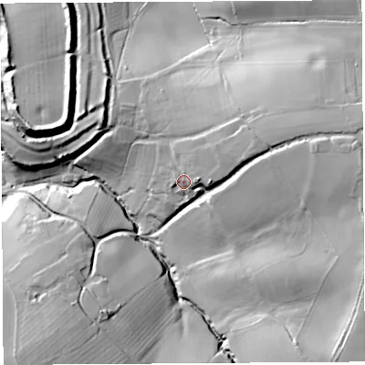 Shaded relief map of the ground around HR60NG, computed from Environment Agency LiDAR. The ground here sits at about 126 m above sea level and falls 44 m across the surrounding 800 m. Surface water reaching this point runs off ground lying to the east-north-east, 11.8 m higher.