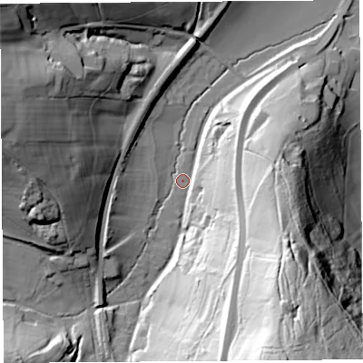 Shaded relief map of the ground around HR60NP, computed from Environment Agency LiDAR. The ground here sits at about 72 m above sea level and falls 79 m across the surrounding 800 m. Surface water reaching this point runs off ground lying to the south-south-east, 49.4 m higher.