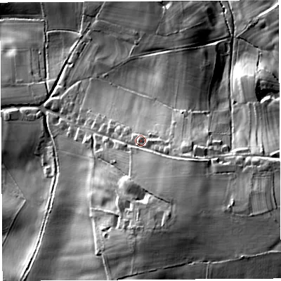 Shaded relief map of the ground around HR60NQ, computed from Environment Agency LiDAR. The ground here sits at about 155 m above sea level and falls 48 m across the surrounding 800 m. Surface water reaching this point runs off ground lying to the south-south-east, 14.9 m higher.