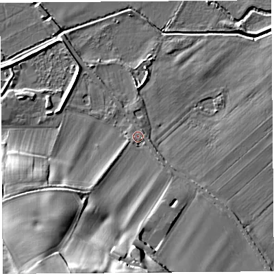 Shaded relief map of the ground around HR60NS, computed from Environment Agency LiDAR. The ground here sits at about 68 m above sea level and falls 30 m across the surrounding 800 m. Surface water reaching this point runs off ground lying to the south-south-west, 27.0 m higher.