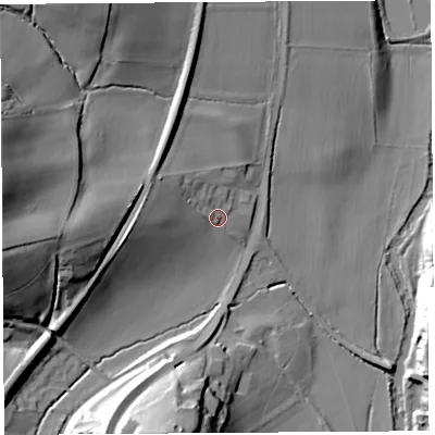 Shaded relief map of the ground around HR60PJ, computed from Environment Agency LiDAR. The ground here sits at about 71 m above sea level and falls 33 m across the surrounding 800 m. Surface water reaching this point runs off ground lying to the west-south-west, 10.1 m higher.