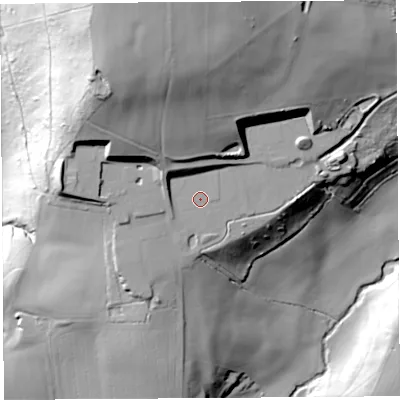 Shaded relief map of the ground around HR60PL, computed from Environment Agency LiDAR. The ground here sits at about 97 m above sea level and falls 67 m across the surrounding 800 m. The ground contributing surface water to this point lies to the east.