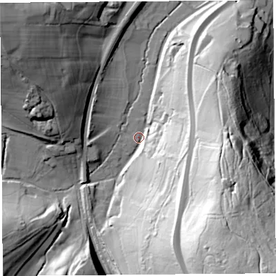 Shaded relief map of the ground around HR60PP, computed from Environment Agency LiDAR. The ground here sits at about 74 m above sea level and falls 88 m across the surrounding 800 m. Surface water reaching this point runs off ground lying to the south-south-east, 52.9 m higher.