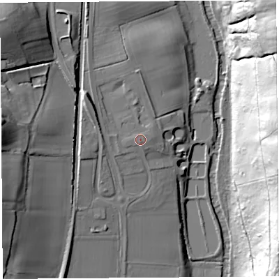 Shaded relief map of the ground around HR60PQ, computed from Environment Agency LiDAR. The ground here sits at about 75 m above sea level and falls 54 m across the surrounding 800 m. Surface water reaching this point runs off ground lying to the west, 1.1 m higher.