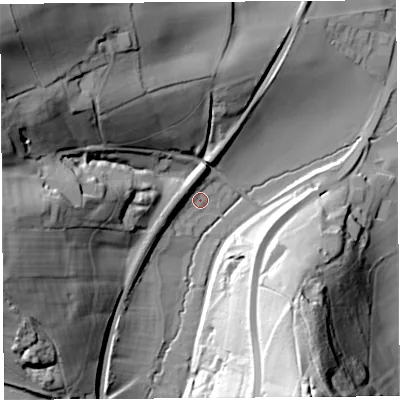 Shaded relief map of the ground around HR60PW, computed from Environment Agency LiDAR. The ground here sits at about 71 m above sea level and falls 64 m across the surrounding 800 m. Surface water reaching this point runs off ground lying to the west-south-west, 9.2 m higher.