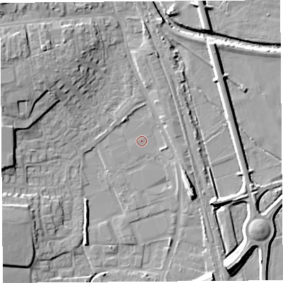 Shaded relief map of the ground around HR60QA, computed from Environment Agency LiDAR. The ground here sits at about 68 m above sea level and falls 10 m across the surrounding 800 m. Surface water reaching this point runs off ground lying to the north-west, 8.8 m higher.