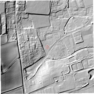 Shaded relief map of the ground around HR60QB, computed from Environment Agency LiDAR. The ground here sits at about 68 m above sea level and falls 27 m across the surrounding 800 m. Surface water reaching this point runs off ground lying to the west-south-west, 23.8 m higher.