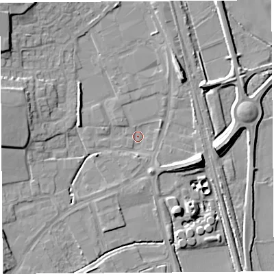 Shaded relief map of the ground around HR60QD, computed from Environment Agency LiDAR. The ground here sits at about 67 m above sea level and falls 11 m across the surrounding 800 m. Surface water reaching this point runs off ground lying to the east, 8.3 m higher.