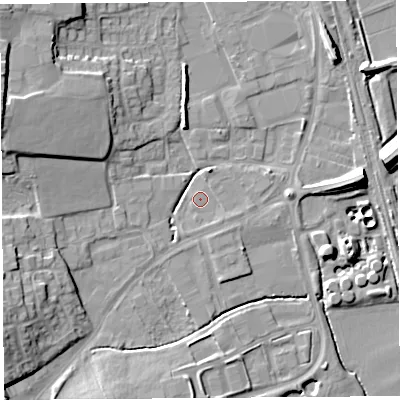 Shaded relief map of the ground around HR60QF, computed from Environment Agency LiDAR. The ground here sits at about 68 m above sea level and falls 12 m across the surrounding 800 m. Surface water reaching this point runs off ground lying to the south-east, 0.8 m higher.
