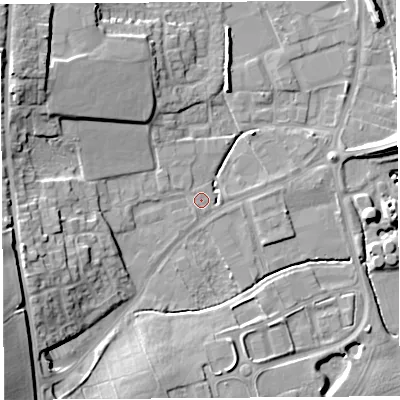 Shaded relief map of the ground around HR60QH, computed from Environment Agency LiDAR. The ground here sits at about 68 m above sea level and falls 14 m across the surrounding 800 m. Surface water reaching this point runs off ground lying to the east-north-east, 2.3 m higher.