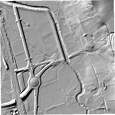 Shaded relief map of the ground around HR60QJ, computed from Environment Agency LiDAR. The ground here sits at about 69 m above sea level and falls 49 m across the surrounding 800 m. Surface water reaching this point runs off ground lying to the north-west, 5.4 m higher.