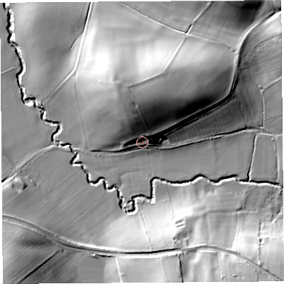 Shaded relief map of the ground around HR60QL, computed from Environment Agency LiDAR. The ground here sits at about 88 m above sea level and falls 32 m across the surrounding 800 m. Surface water reaching this point runs off ground lying to the north-north-west, 21.0 m higher.
