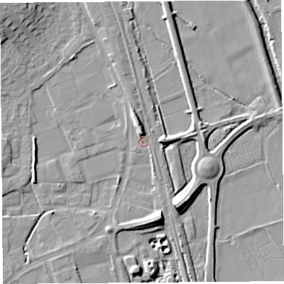 Shaded relief map of the ground around HR60QQ, computed from Environment Agency LiDAR. The ground here sits at about 68 m above sea level and falls 11 m across the surrounding 800 m. Surface water reaching this point runs off ground lying to the north, 6.0 m higher.