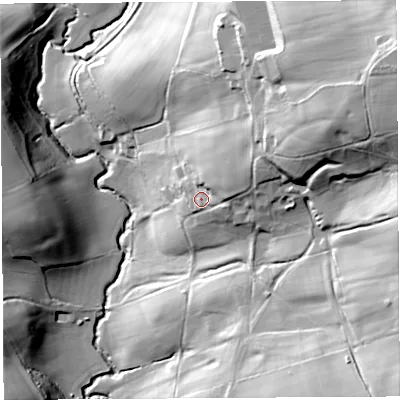 Shaded relief map of the ground around HR60QU, computed from Environment Agency LiDAR. The ground here sits at about 128 m above sea level and falls 63 m across the surrounding 800 m. Surface water reaching this point runs off ground lying to the north-east, 13.3 m higher.