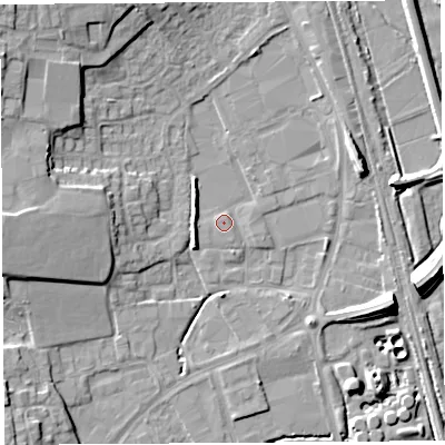 Shaded relief map of the ground around HR60RJ, computed from Environment Agency LiDAR. The ground here sits at about 68 m above sea level and falls 12 m across the surrounding 800 m. Surface water reaching this point runs off ground lying to the south-south-east, 1.1 m higher.