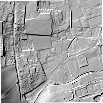 Shaded relief map of the ground around HR60RL, computed from Environment Agency LiDAR. The ground here sits at about 68 m above sea level and falls 24 m across the surrounding 800 m. Surface water reaching this point runs off ground lying to the north-west, 9.1 m higher.