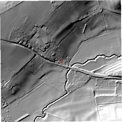 Shaded relief map of the ground around HR60RT, computed from Environment Agency LiDAR. The ground here sits at about 116 m above sea level and falls 26 m across the surrounding 800 m. Surface water reaching this point runs off ground lying to the north-north-west, 22.0 m higher.