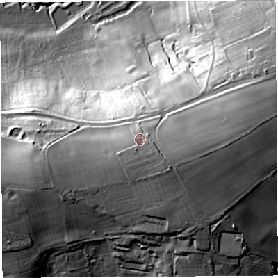 Shaded relief map of the ground around HR60RU, computed from Environment Agency LiDAR. The ground here sits at about 166 m above sea level and falls 61 m across the surrounding 800 m. Surface water reaching this point runs off ground lying to the south-east, 4.7 m higher.