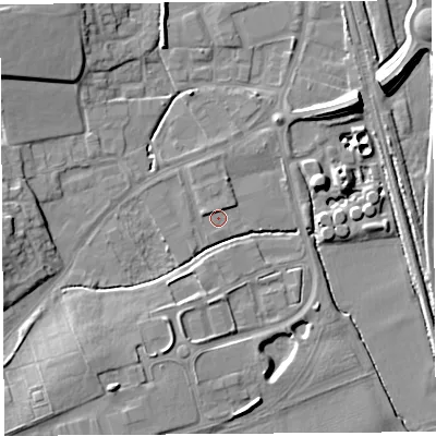 Shaded relief map of the ground around HR60RW, computed from Environment Agency LiDAR. The ground here sits at about 68 m above sea level and falls 11 m across the surrounding 800 m. Surface water reaching this point runs off ground lying to the north-west, 8.4 m higher.