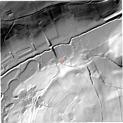 Shaded relief map of the ground around HR60RZ, computed from Environment Agency LiDAR. The ground here sits at about 124 m above sea level and falls 63 m across the surrounding 800 m. Surface water reaching this point runs off ground lying to the south-south-east, 26.0 m higher.