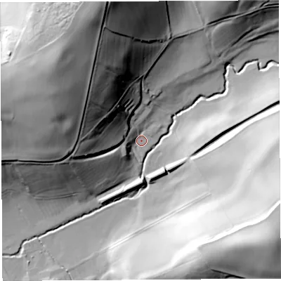 Shaded relief map of the ground around HR60SB, computed from Environment Agency LiDAR. The ground here sits at about 125 m above sea level and falls 65 m across the surrounding 800 m. Surface water reaching this point runs off ground lying to the north-west, 56.2 m higher.