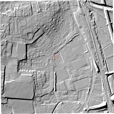 Shaded relief map of the ground around HR60SP, computed from Environment Agency LiDAR. The ground here sits at about 68 m above sea level and falls 11 m across the surrounding 800 m. Surface water reaching this point runs off ground lying to the west-north-west, 10.2 m higher.