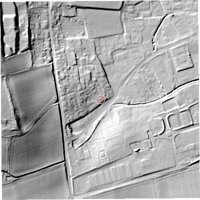 Shaded relief map of the ground around HR60ST, computed from Environment Agency LiDAR. The ground here sits at about 70 m above sea level and falls 29 m across the surrounding 800 m. Surface water reaching this point runs off ground lying to the west-north-west, 6.5 m higher.