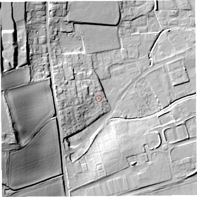 Shaded relief map of the ground around HR60SU, computed from Environment Agency LiDAR. The ground here sits at about 70 m above sea level and falls 29 m across the surrounding 800 m. Surface water reaching this point runs off ground lying to the west, 5.4 m higher.
