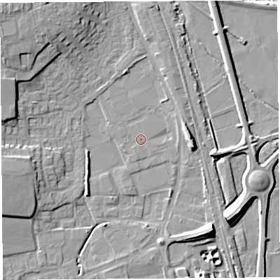Shaded relief map of the ground around HR60SW, computed from Environment Agency LiDAR. The ground here sits at about 68 m above sea level and falls 12 m across the surrounding 800 m. Surface water reaching this point runs off ground lying to the south-south-west, 0.9 m higher.