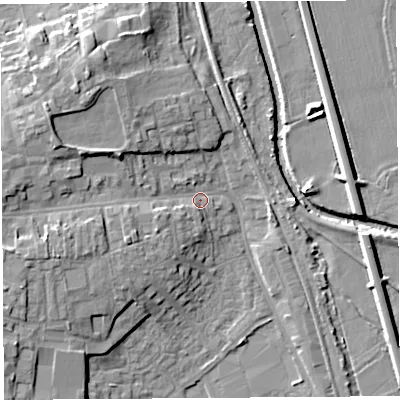 Shaded relief map of the ground around HR68AN, computed from Environment Agency LiDAR. The ground here sits at about 70 m above sea level and falls 12 m across the surrounding 800 m. Surface water reaching this point runs off ground lying to the west-north-west, 8.4 m higher.