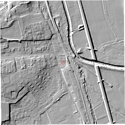 Shaded relief map of the ground around HR68AR, computed from Environment Agency LiDAR. The ground here sits at about 69 m above sea level and falls 11 m across the surrounding 800 m. Surface water reaching this point runs off ground lying to the east-north-east, 2.6 m higher.