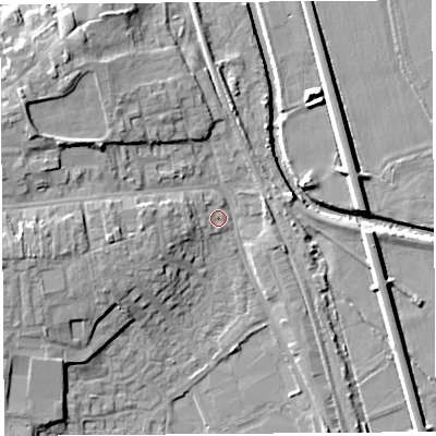 Shaded relief map of the ground around HR68AS, computed from Environment Agency LiDAR. The ground here sits at about 69 m above sea level and falls 12 m across the surrounding 800 m. Surface water reaching this point runs off ground lying to the west-north-west, 9.9 m higher.