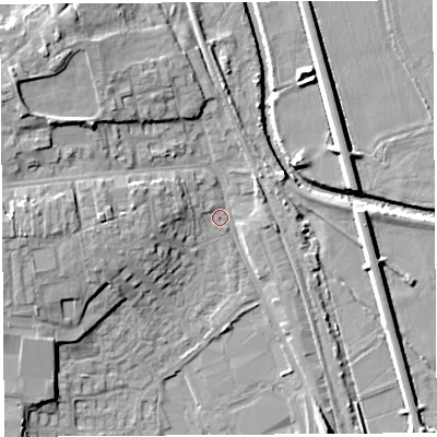 Shaded relief map of the ground around HR68AT, computed from Environment Agency LiDAR. The ground here sits at about 69 m above sea level and falls 12 m across the surrounding 800 m. Surface water reaching this point runs off ground lying to the north-west, 10.1 m higher.