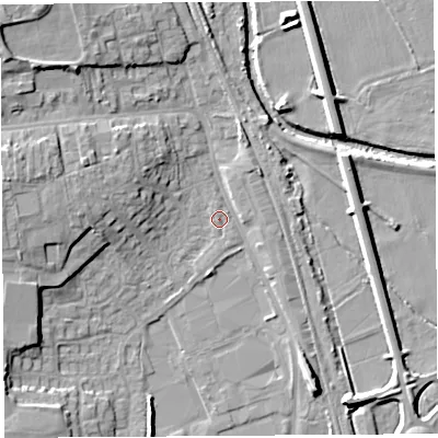 Shaded relief map of the ground around HR68AU, computed from Environment Agency LiDAR. The ground here sits at about 69 m above sea level and falls 11 m across the surrounding 800 m. Surface water reaching this point runs off ground lying to the west, 7.5 m higher.