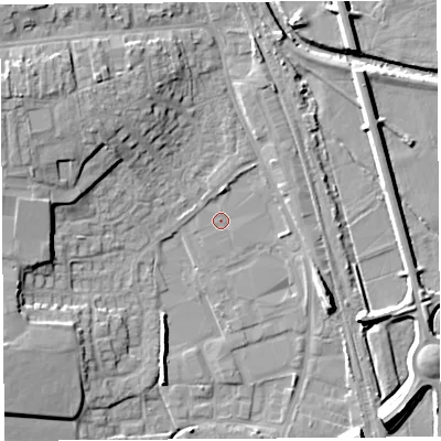 Shaded relief map of the ground around HR68AY, computed from Environment Agency LiDAR. The ground here sits at about 68 m above sea level and falls 11 m across the surrounding 800 m. Surface water reaching this point runs off ground lying to the west-north-west, 9.3 m higher.