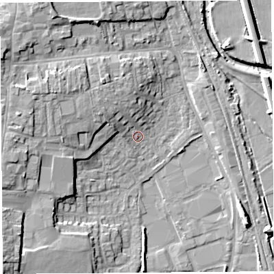 Shaded relief map of the ground around HR68AZ, computed from Environment Agency LiDAR. The ground here sits at about 70 m above sea level and falls 12 m across the surrounding 800 m. Surface water reaching this point runs off ground lying to the west-north-west, 6.3 m higher.
