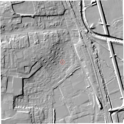 Shaded relief map of the ground around HR68BD, computed from Environment Agency LiDAR. The ground here sits at about 69 m above sea level and falls 12 m across the surrounding 800 m. Surface water reaching this point runs off ground lying to the west-north-west, 7.0 m higher.