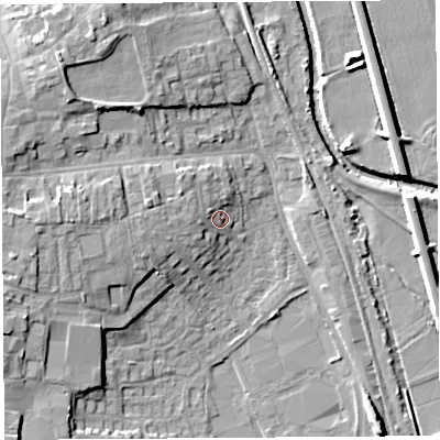 Shaded relief map of the ground around HR68BE, computed from Environment Agency LiDAR. The ground here sits at about 72 m above sea level and falls 12 m across the surrounding 800 m. Surface water reaching this point runs off ground lying to the west-north-west, 2.8 m higher.