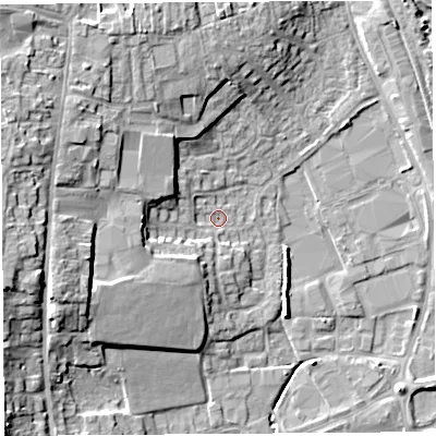 Shaded relief map of the ground around HR68BG, computed from Environment Agency LiDAR. The ground here sits at about 69 m above sea level and falls 14 m across the surrounding 800 m. Surface water reaching this point runs off ground lying to the west, 11.1 m higher.