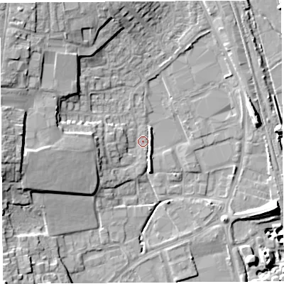 Shaded relief map of the ground around HR68BH, computed from Environment Agency LiDAR. The ground here sits at about 69 m above sea level and falls 13 m across the surrounding 800 m. Surface water reaching this point runs off ground lying to the west, 5.6 m higher.