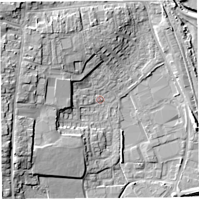 Shaded relief map of the ground around HR68BJ, computed from Environment Agency LiDAR. The ground here sits at about 69 m above sea level and falls 13 m across the surrounding 800 m. Surface water reaching this point runs off ground lying to the west-north-west, 6.2 m higher.