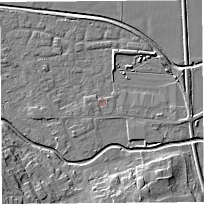 Shaded relief map of the ground around HR68BL, computed from Environment Agency LiDAR. The ground here sits at about 71 m above sea level and falls 15 m across the surrounding 800 m. Surface water reaching this point runs off ground lying to the north-east, 2.7 m higher.