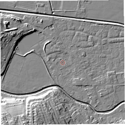 Shaded relief map of the ground around HR68BP, computed from Environment Agency LiDAR. The ground here sits at about 71 m above sea level and falls 28 m across the surrounding 800 m. Surface water reaching this point runs off ground lying to the north-west, 3.4 m higher.