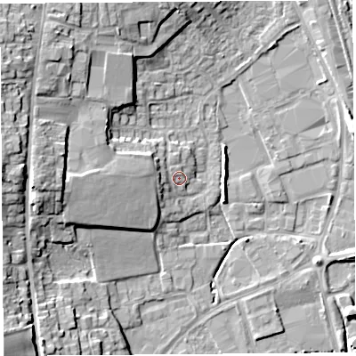 Shaded relief map of the ground around HR68BQ, computed from Environment Agency LiDAR. The ground here sits at about 70 m above sea level and falls 14 m across the surrounding 800 m. Surface water reaching this point runs off ground lying to the west, 3.1 m higher.