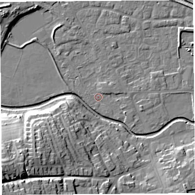 Shaded relief map of the ground around HR68BW, computed from Environment Agency LiDAR. The ground here sits at about 71 m above sea level and falls 31 m across the surrounding 800 m. Surface water reaching this point runs off ground lying to the north-west, 7.9 m higher.