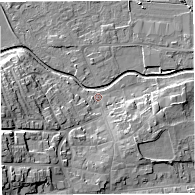 Shaded relief map of the ground around HR68DD, computed from Environment Agency LiDAR. The ground here sits at about 72 m above sea level and falls 23 m across the surrounding 800 m. Surface water reaching this point runs off ground lying to the south-east, 6.8 m higher.
