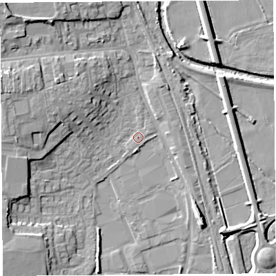 Shaded relief map of the ground around HR68DF, computed from Environment Agency LiDAR. The ground here sits at about 69 m above sea level and falls 11 m across the surrounding 800 m. Surface water reaching this point runs off ground lying to the west-north-west, 7.5 m higher.