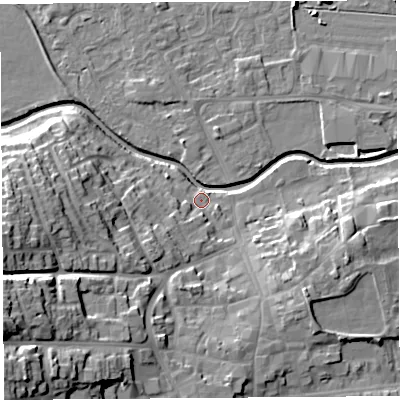 Shaded relief map of the ground around HR68DS, computed from Environment Agency LiDAR. The ground here sits at about 72 m above sea level and falls 26 m across the surrounding 800 m. Surface water reaching this point runs off ground lying to the south-west, 24.3 m higher.